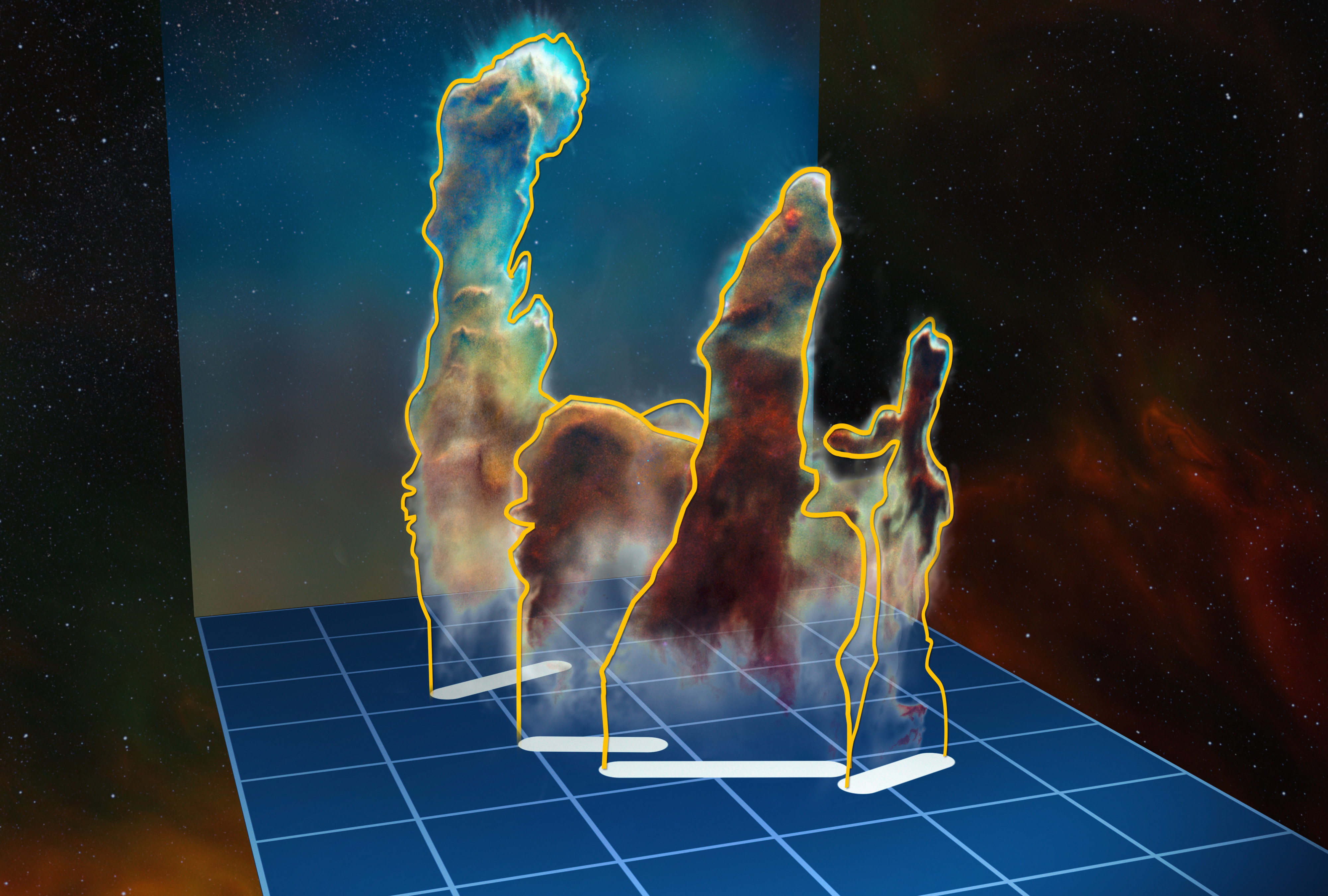 This visualisation of the three-dimensional structure of the Pillars of Creation within the star formation region Messier 16 (also called the Eagle Nebula) is based on new observations of the object using the MUSE instrument on ESO’s Very Large Telescope in Chile. The pillars actually consist of several distinct pieces on either side of the star cluster NGC 6611. In this illustration, the relative distance between the pillars along the line of sight is not to scale. Credit: ESO/M. Kornmesser