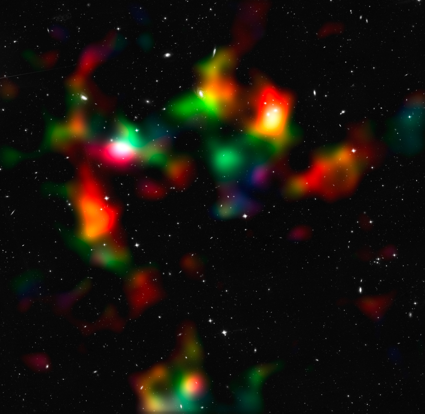 This image shows a smoothed reconstruction of the total (mostly dark) matter distribution in the COSMOS field, created from data taken by the Hubble Space Telescope and ground-based telescopes. It was inferred from the weak gravitational lensing distortions that are imprinted onto the shapes of background galaxies. The colour coding indicates the distance of the foreground mass concentrations as gathered from the weak lensing effect. Structures shown in white, cyan, and green are typically closer to us than those indicated in orange and red. To improve the resolution of the map, data from galaxies both with and without redshift information were used. The new study presents the most comprehensive analysis of data from the COSMOS survey. The researchers have, for the first time ever, used Hubble and the natural “weak lenses” in space to characterise the accelerated expansion of the Universe. Credit: NASA, ESA, P. Simon (University of Bonn) and T. Schrabback (Leiden Observatory)
