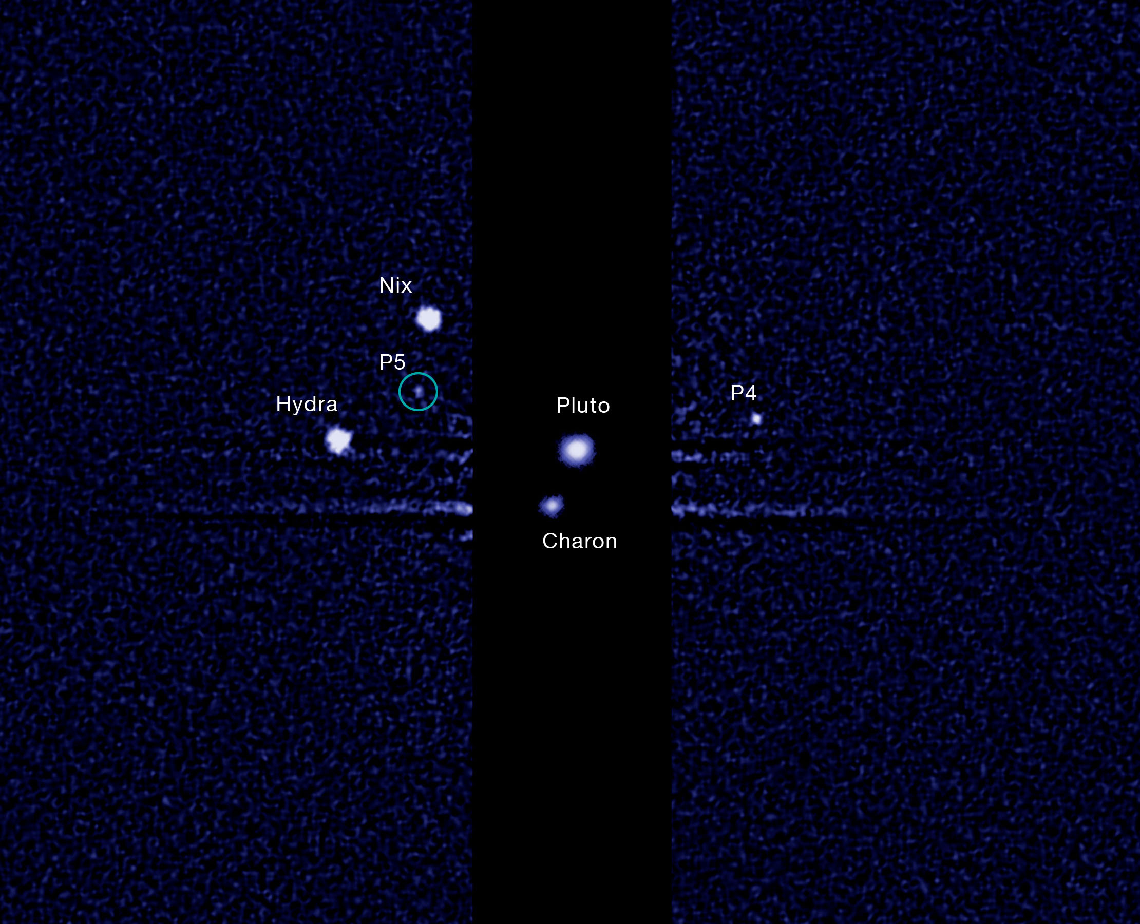 A team of astronomers using the NASA/ESA Hubble Space Telescope has discovered a fifth moon orbiting the icy dwarf planet Pluto. The green circle marks the newly discovered moon, designated S/2012 (134340) 1, or P5, as photographed by Hubble’s Wide Field Camera 3 on 7 July 2012. The moon is estimated to be 10 to 25 kilometres across. The darker stripe in the centre of the image is because the picture is constructed from a long exposure designed to capture the comparatively faint satellites of Nix, Hydra, P4 and S/2012 (134340) 1, and a shorter exposure to capture Pluto and Charon, which are much brighter. Credit: NASA, ESA, and M. Showalter (SETI Institute)