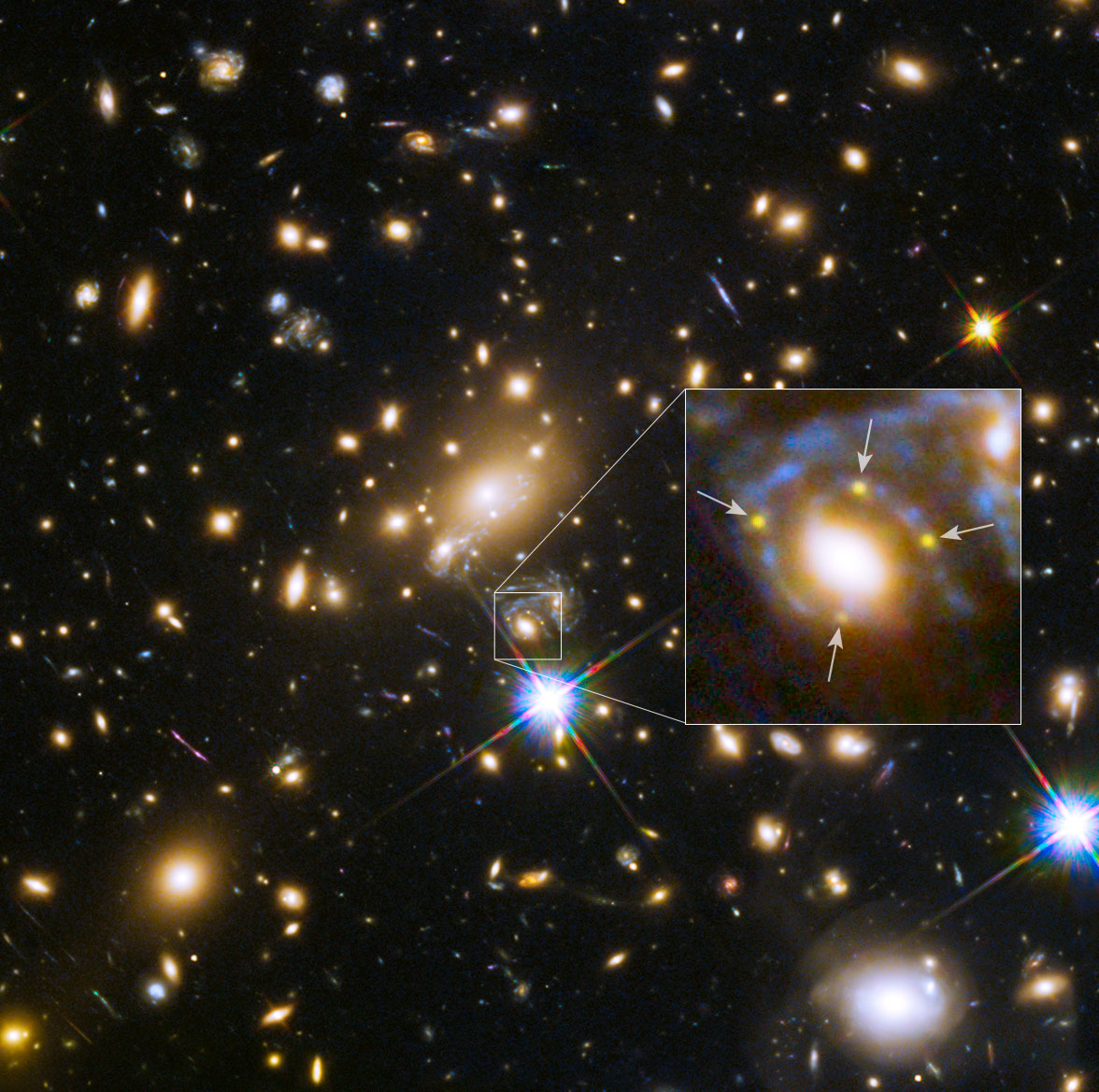 Astronomers using the Hubble Space Telescope have, for the first time, spotted four images of a distant exploding star. The images are arranged in a cross-shaped pattern by the powerful gravity of a foreground galaxy embedded in a massive cluster of galaxies. A close-up of the Einstein cross is shown in the inset. Credit: NASA, ESA, S. Rodney (John Hopkins University, USA) and the FrontierSN team; T. Treu (University of California Los Angeles, USA), P. Kelly (University of California Berkeley, USA) and the GLASS team; J. Lotz (STScI) and the Frontier Fields team; M. Postman (STScI) and the CLASH team; and Z. Levay (STScI)