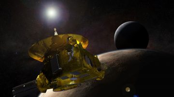 Artist’s concept of the New Horizons spacecraft encountering Pluto and its largest moon, Charon, in 2015. Credit: Johns Hopkins University Applied Physics Laboratory/Southwest Research Institute (JHUAPL/SwRI)