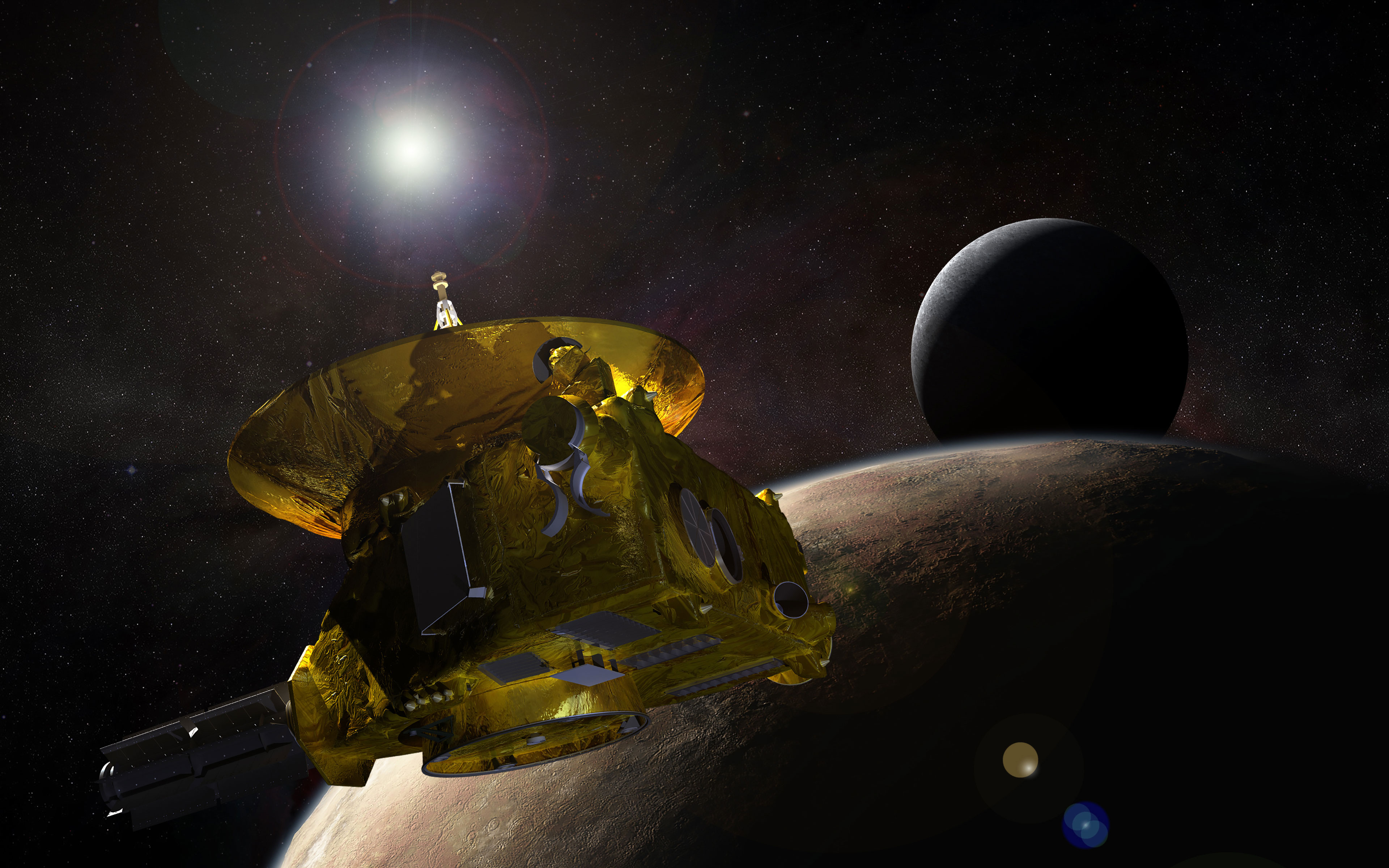 Artist’s concept of the New Horizons spacecraft encountering Pluto and its largest moon, Charon, in 2015. Credit: Johns Hopkins University Applied Physics Laboratory/Southwest Research Institute (JHUAPL/SwRI)