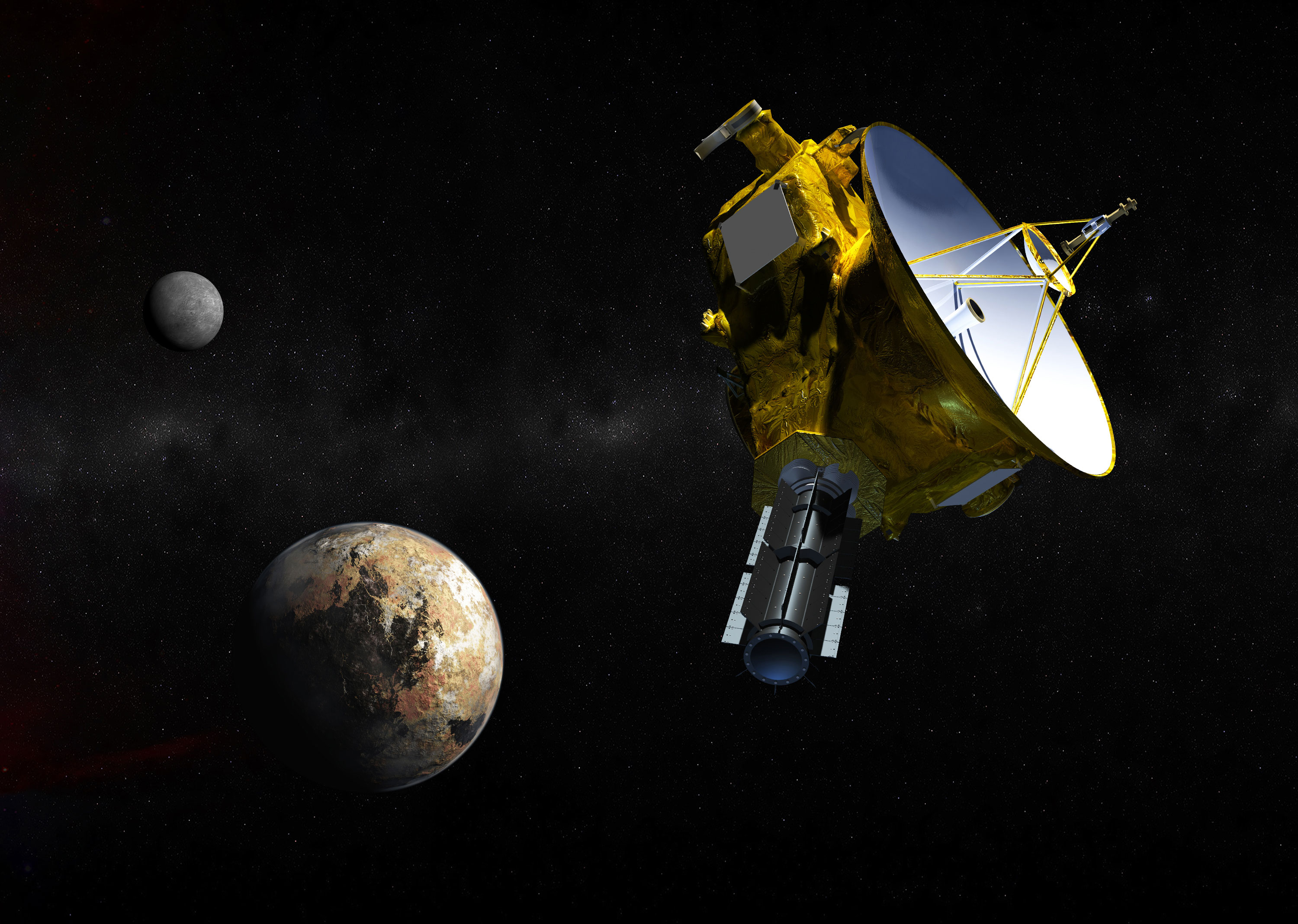 Artist’s concept of the New Horizons spacecraft as it approaches Pluto. The craft will study the global geology and geomorphology of Pluto and large moon Charon, map their surface compositions and temperatures, and examine Pluto’s atmosphere in detail. Credit: Johns Hopkins University Applied Physics Laboratory/Southwest Research Institute (JHUAPL/SwRI)