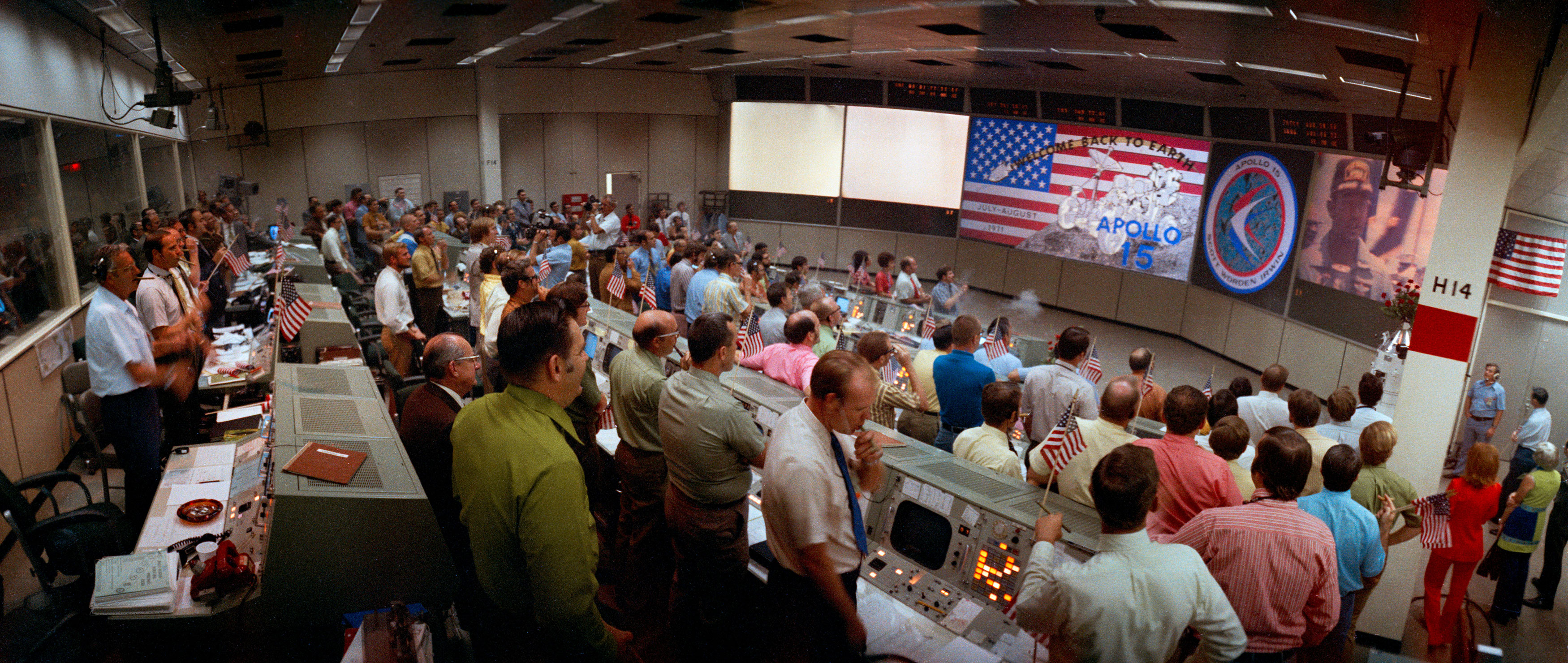 A wide-angle, overall view of the Mission Operations Control Room in the Johnson Space Center Mission Control Center taken after recovery of the Apollo 15 crew aboard the USS Okinawa. Credit: NASA via Retro Space Images