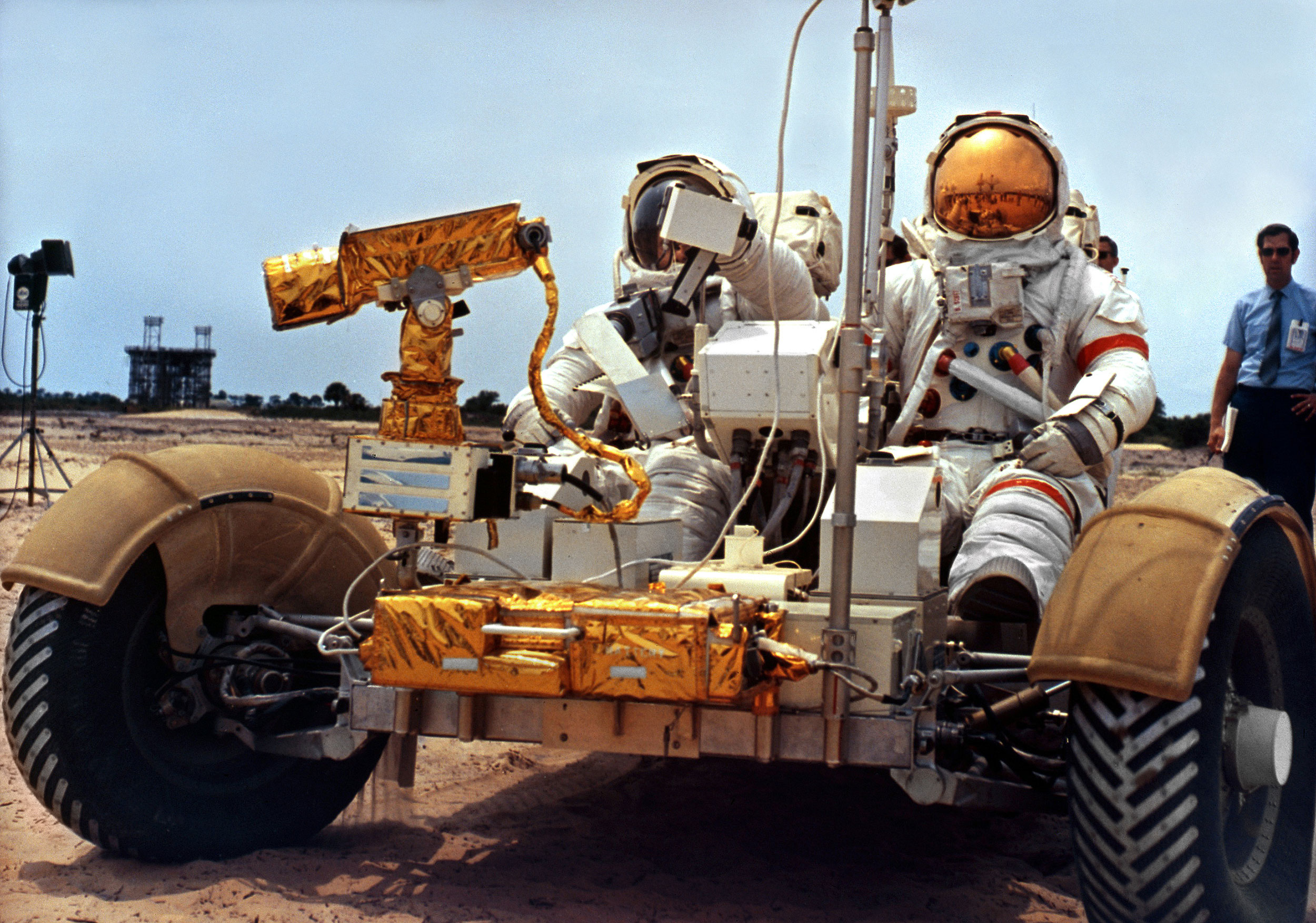 David Scott, commander, at right, and James Irwin, lunar module pilot, at left. train with the Lunar Roving Vehicle (LRV). Credit: NASA via Retro Space Images