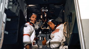 Dave Scott and Jim Irwin in the LM simulator. 
Credit: NASA via Retro Space Images