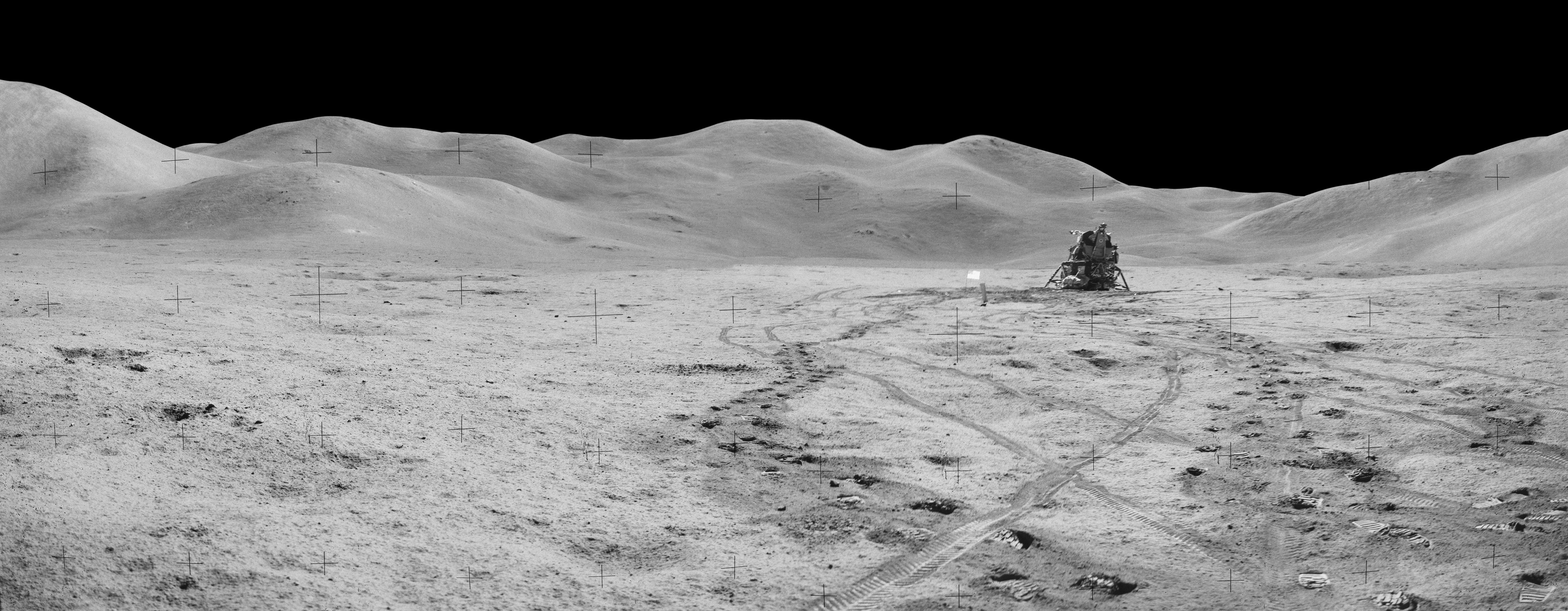 The leaning Falcon rests on on the lunar surface. Irwin took this photo at the start of the third EVA. Credit: NASA via Retro Space Images