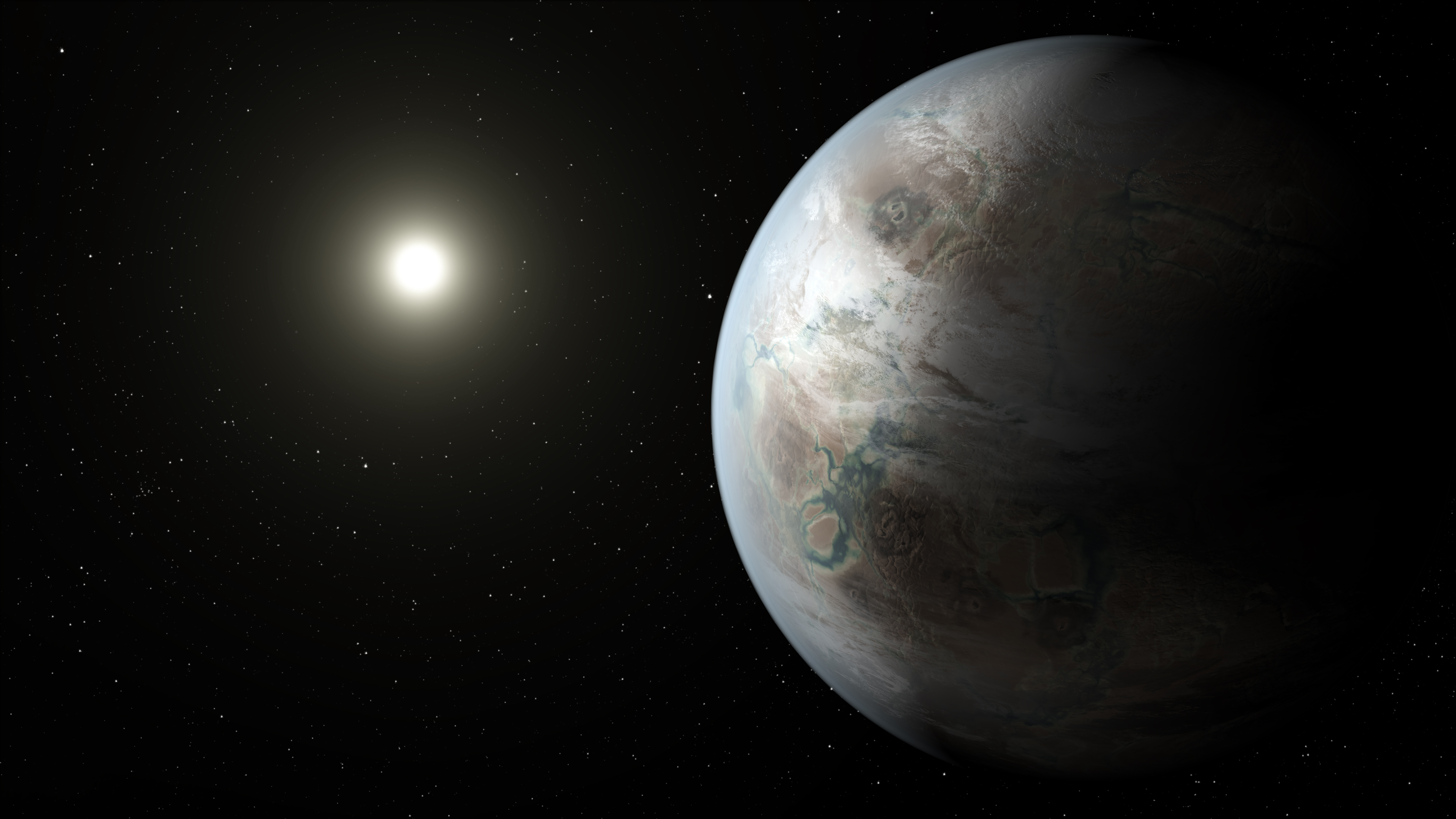 This artist's concept depicts one possible appearance of the planet Kepler-452b, the first near-Earth-size world to be found in the habitable zone of star that is similar to our sun. Kepler-452b orbits its star every 385 days. The planet's star is about 1,400 light-years away in the constellation Cygnus. It is a G2-type star like our sun, with nearly the same temperature and mass. This star is 6 billion years old, 1.5 billion years older than our sun. Credit: NASA Ames/JPL-Caltech/T. Pyle