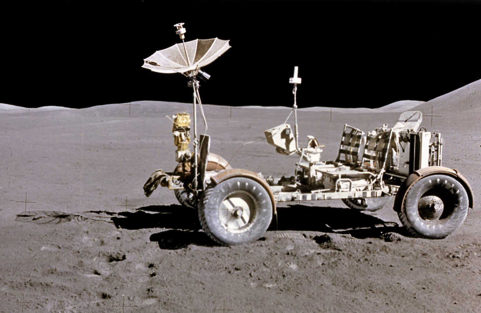 The Lunar Roving Vehicle (LRV) was taken during the Apollo 15 mission. Powered by battery, the lightweight electric car greatly increased the range of mobility and productivity on the scientific traverses for astronauts. It weighed 462 pounds (77 pounds on the Moon). Credit: NASA