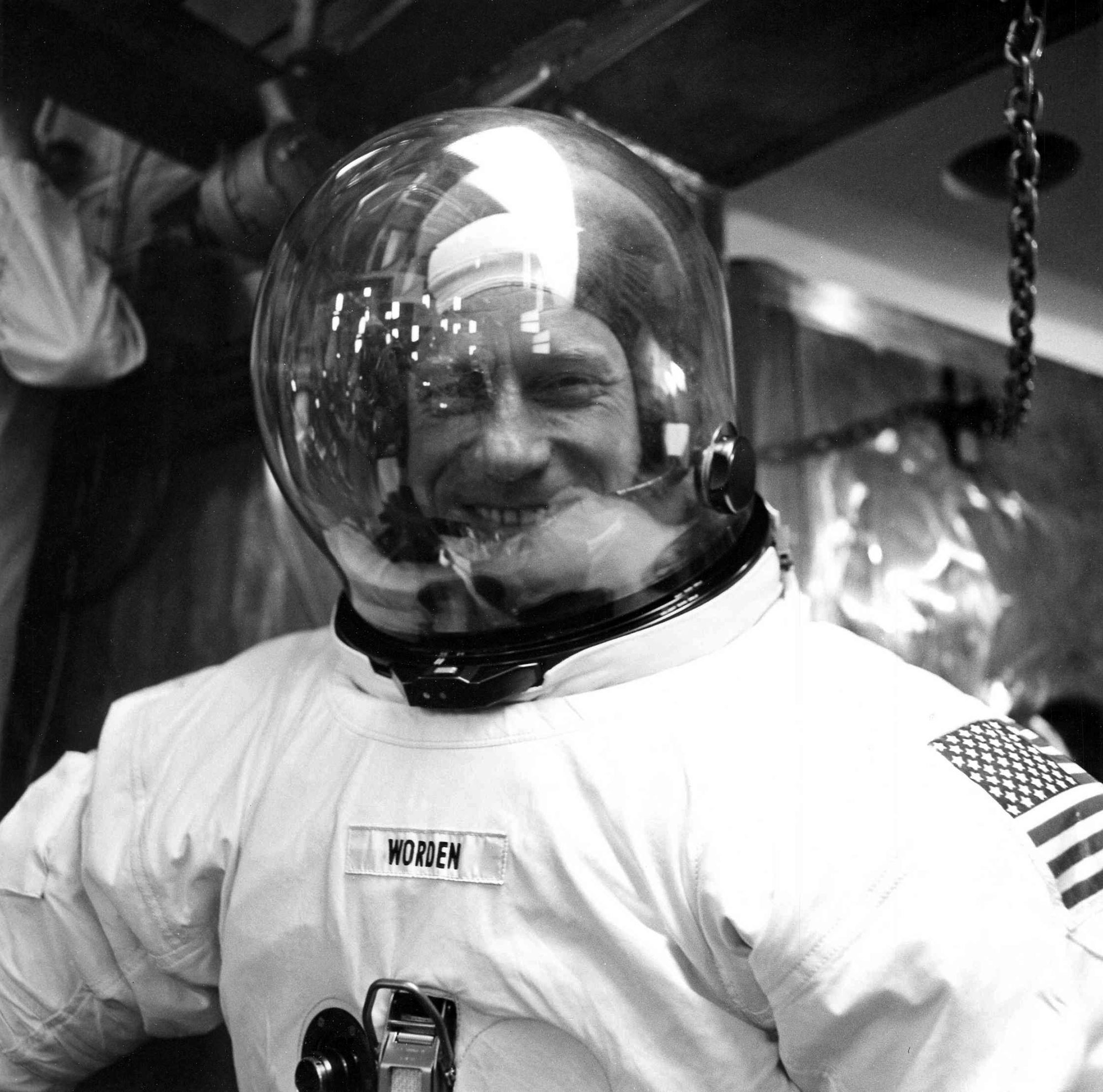 Worden suits up in preparation for a pressure chamber test on April 5, 1971 as part of his training for the Apollo 15 mission. Credit: NASA via Retro Space Images