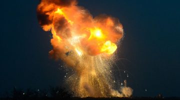 Seconds after liftoff, the ORB-3 Antares rocket fell near the launch pad due to an apparent failure in the turbopump supplying fuel to one of the two first-stage engines. Range Safety Officers engaged the Flight Termination System to stop the remaining engine. Credit: Elliot Severn