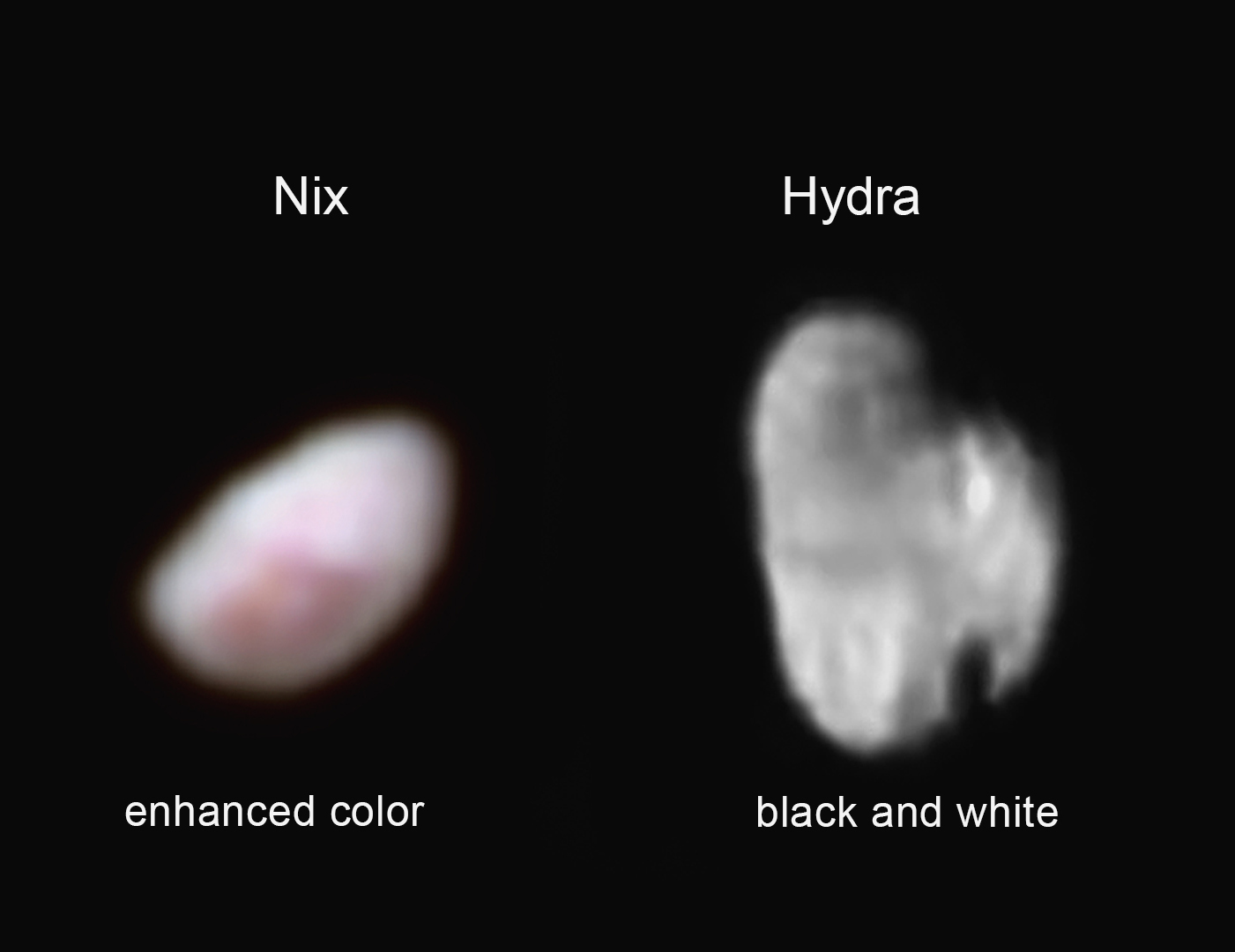 Pluto's moon Nix (left), shown here in enhanced color has a reddish spot that has attracted the interest of mission scientists. Meanwhile, Pluto's small, irregularly shaped moon Hydra (right) is revealed in this black and white image. Credit: NASA/JHUAPL/SWRI