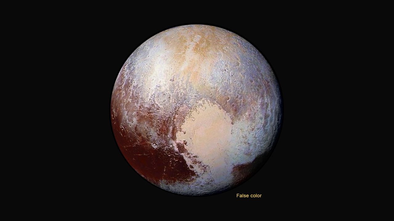 Four images from New Horizons’ Long Range Reconnaissance Imager (LORRI) were combined with color data from the Ralph instrument to create this enhanced color global view of Pluto. (The lower right edge of Pluto in this view currently lacks high-resolution color coverage.) The images, taken when the spacecraft was 280,000 miles (450,000 kilometers) away, show features as small as 1.4 miles (2.2 kilometers), twice the resolution of the single-image view taken on July 13. Credit: NASA/JHUAPL/SwRI