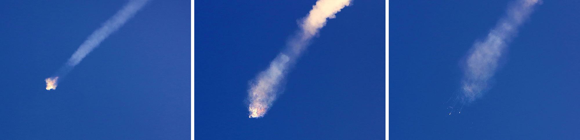 The SpaceX Falcon 9 rocket carrying the Dragon capsule on the CRS-7 resupply mission to the International Space Station suffered a failure of the second stage and disintegrated seconds after passing through maximum aerodynamic pressure. The rocket and cargo are presumed to be a total loss. Credit: Alan Waters / AmericaSpace