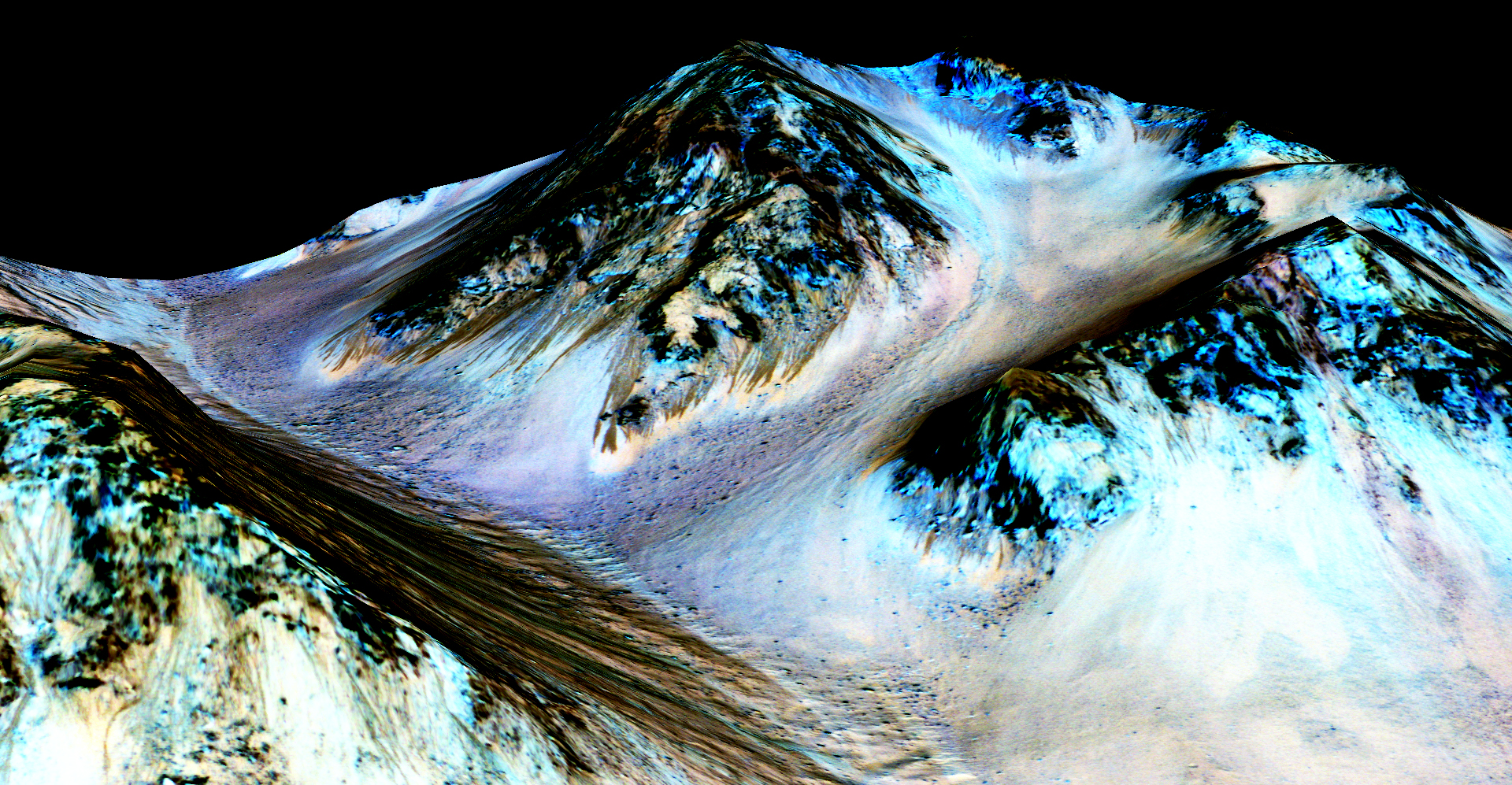 These dark, narrow, 100 meter-long streaks called recurring slope lineae flowing downhill on Mars are inferred to have been formed by contemporary flowing water. Recently, planetary scientists detected hydrated salts on these slopes at Hale crater, corroborating their original hypothesis that the streaks are indeed formed by liquid water. The blue color seen upslope of the dark streaks are thought not to be related to their formation, but instead are from the presence of the mineral pyroxene. Credit: NASA/JPL/University of Arizona