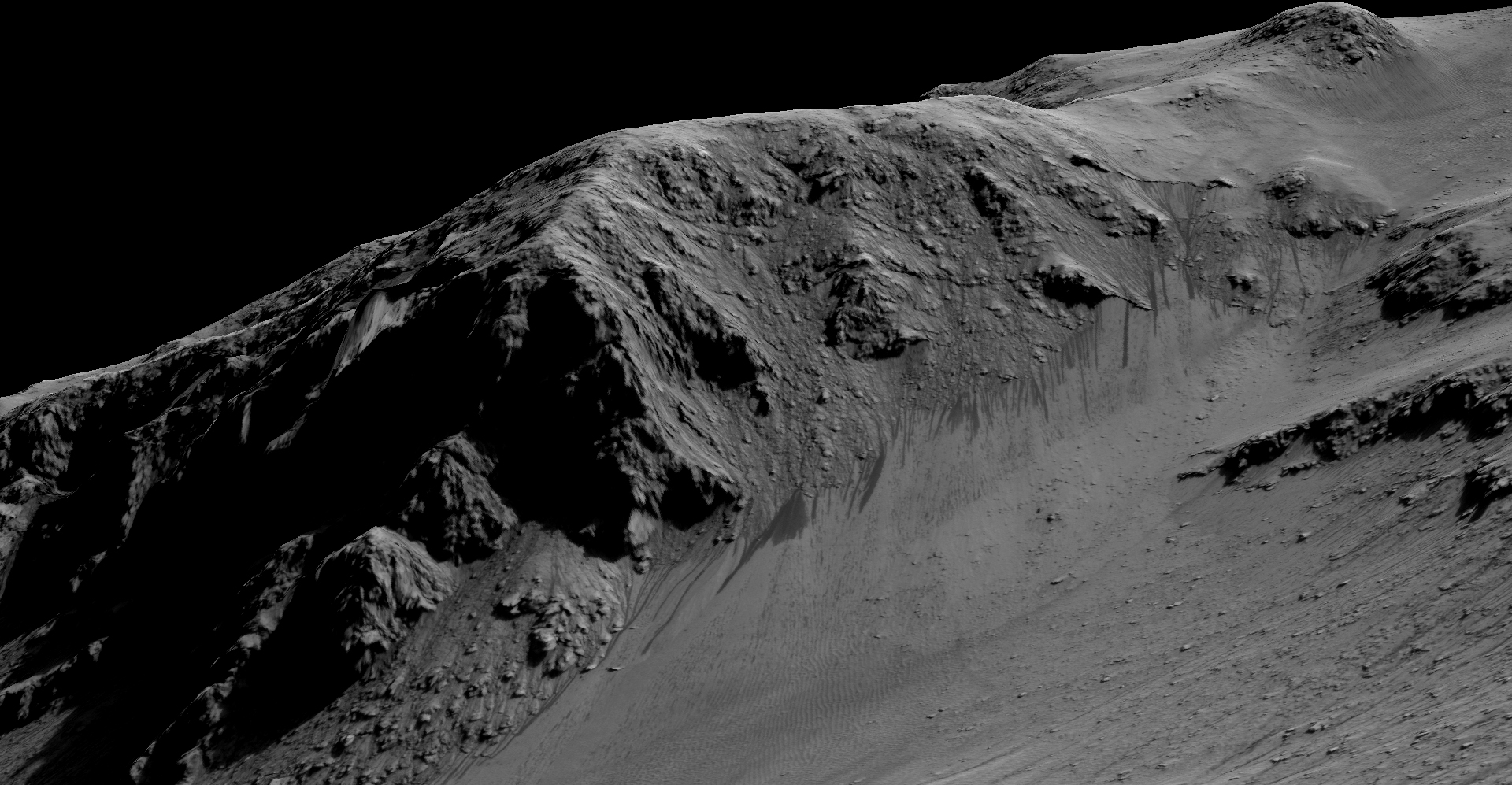 The dark, narrow streaks flowing downhill on Mars at sites such as this portion of Horowitz Crater are inferred to be formed by seasonal flow of water on modern-day Mars. The streaks are roughly the length of a football field. Credit: NASA/JPL-Caltech/Univ. of Arizona