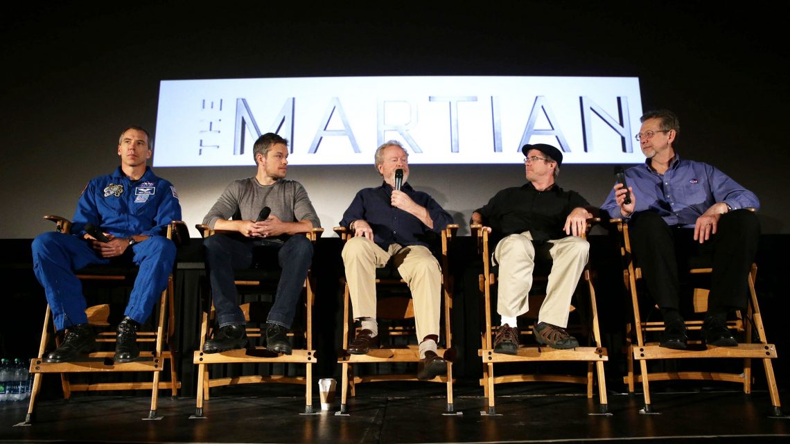 NASA astronaut Drew Feustel, left, actor Matt Damon, film director Ridley Scott, author Andy Weir, and NASA Director of the Planetary Science,  Jim Green, participate in a question and answer session about NASA’s journey to Mars and the film ”The Martian," Tuesday, Aug. 18, 2015, at the United Artist Theater in La Cañada Flintridge, California. NASA scientists and engineers served as technical consultants on the film. The movie portrays a realistic view of the climate and topography of Mars, based on NASA data, and some of the challenges NASA faces as we prepare for human exploration of the Red Planet in the 2030s. Credit: NASA/Bill Ingalls