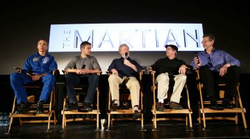 NASA astronaut Drew Feustel, left, actor Matt Damon, film director Ridley Scott, author Andy Weir, and NASA Director of the Planetary Science,  Jim Green, participate in a question and answer session about NASA’s journey to Mars and the film ”The Martian," Tuesday, Aug. 18, 2015, at the United Artist Theater in La Cañada Flintridge, California. NASA scientists and engineers served as technical consultants on the film. The movie portrays a realistic view of the climate and topography of Mars, based on NASA data, and some of the challenges NASA faces as we prepare for human exploration of the Red Planet in the 2030s. Credit: NASA/Bill Ingalls