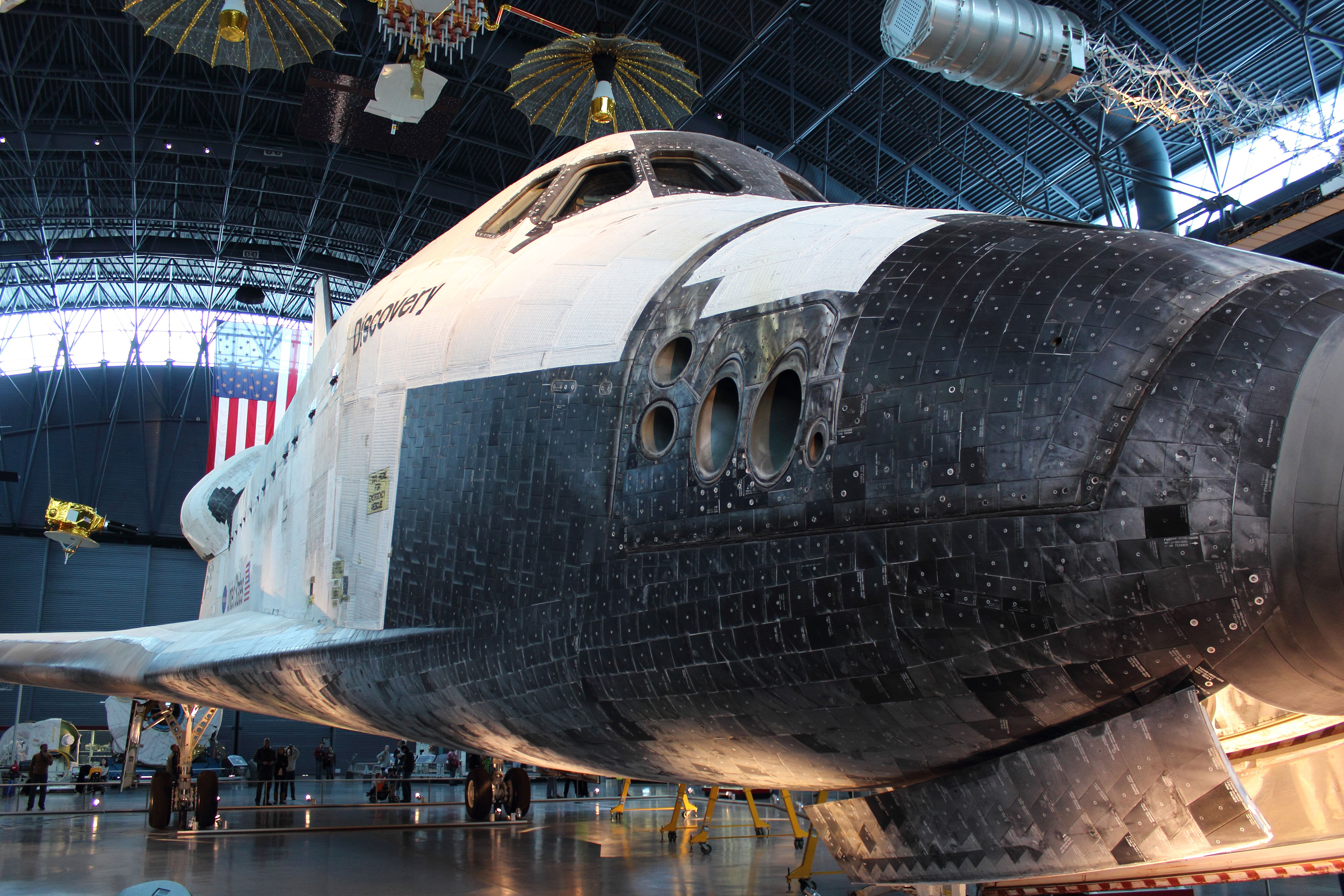 Space Shuttle Discovery on display in the James S. McDonnell Space Hangar in the Steven F. Udvar-Hazy Center. Photo: Lloyd Campbell