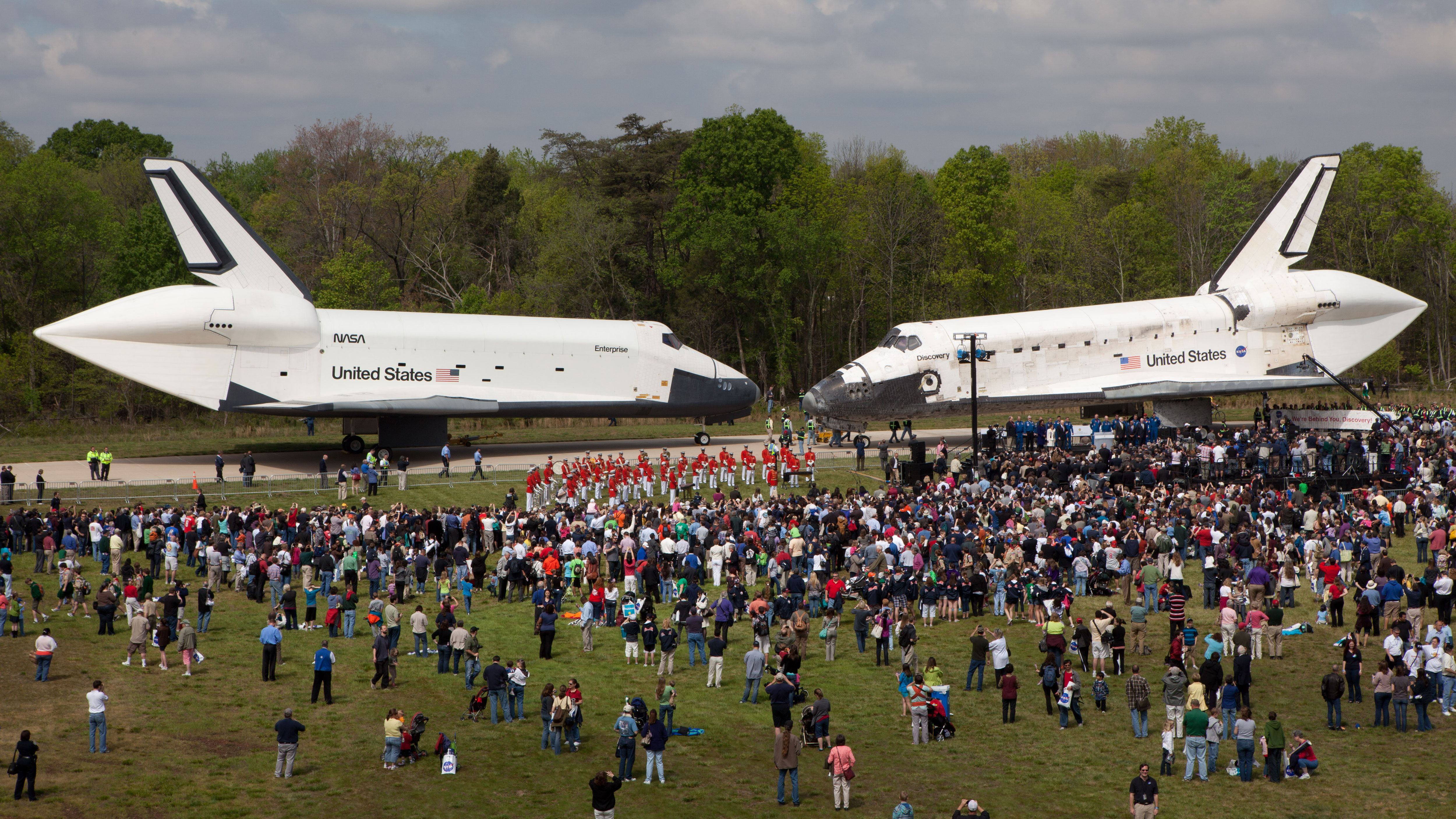 Space Shuttles Enterprise (left) and Discovery (right) sit nose to nose during the deed transfer ceremony at the Smithsonian's Steven F. Udvar-Hazy Center, Thursday on April 19, 2012. Photo: Smithsonian