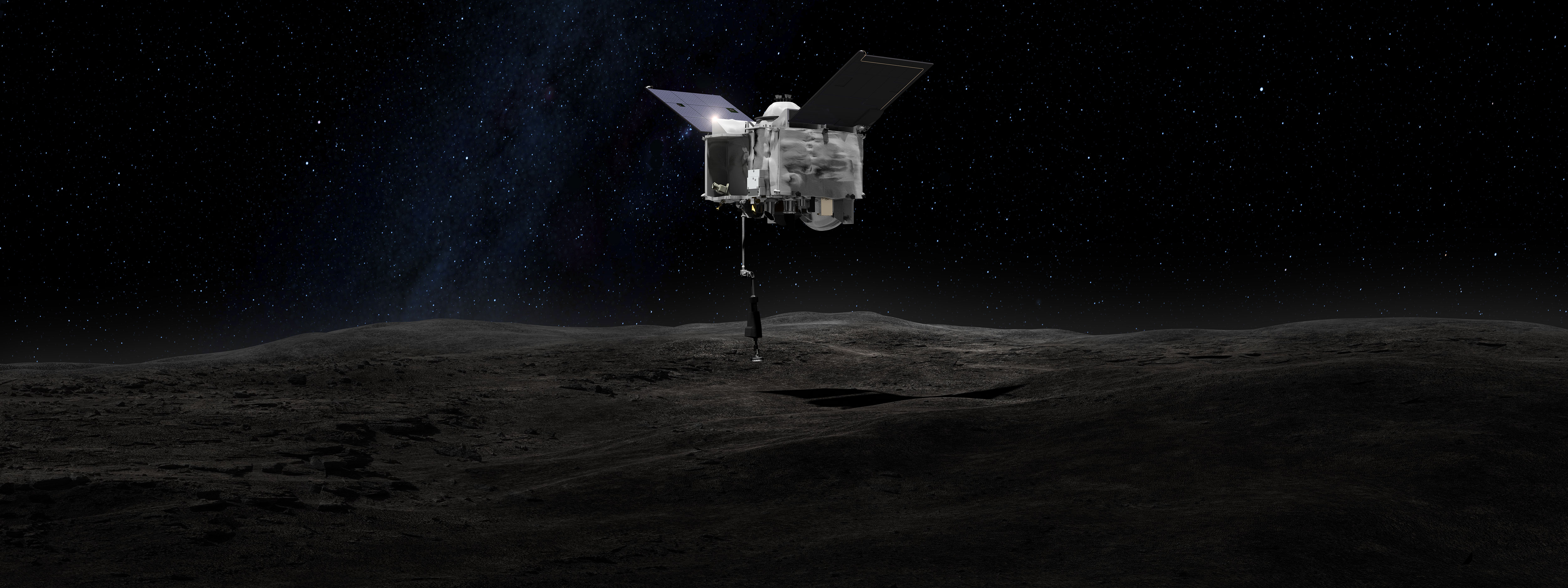 Artist’s concept shows the OSIRIS-REx spacecraft contacting the asteroid Bennu with the Touch-And-Go Sample Arm Mechanism. Credit: NASA’s Goddard Space Flight Center