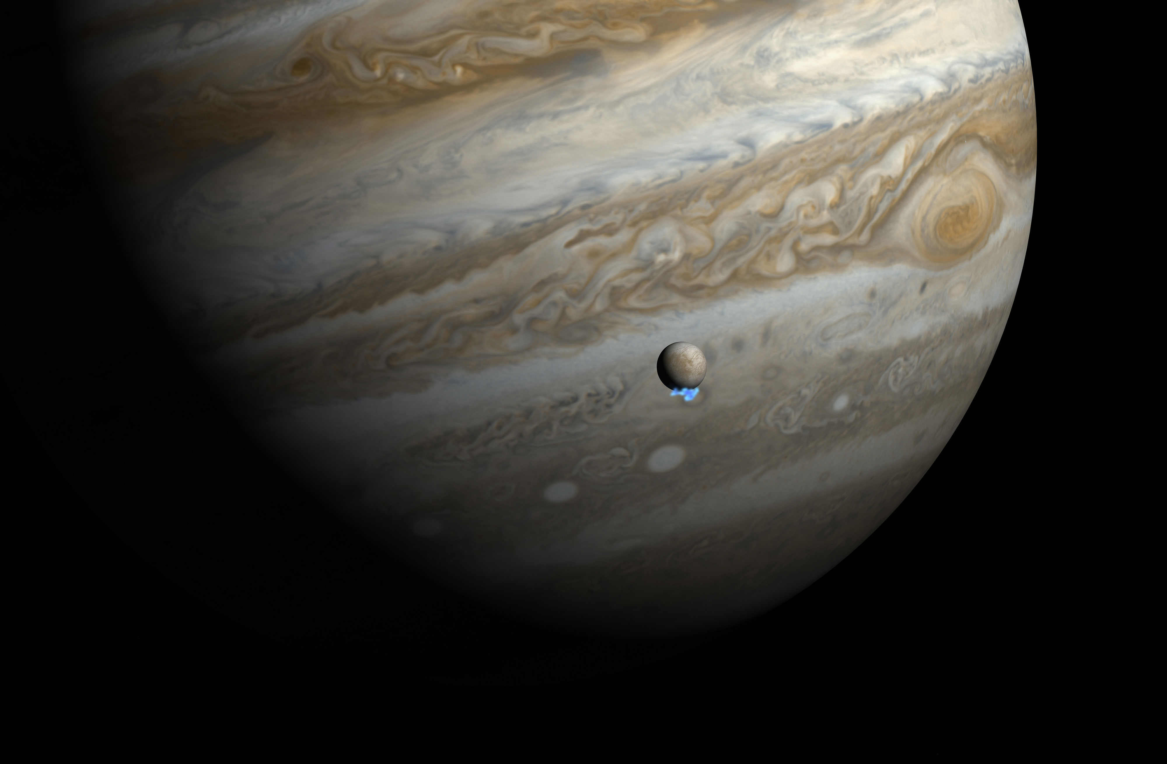 Artist impression of water vapor plumes on Jupiter's moon Europa. Credit: NASA/ESA/M. Kornmesser