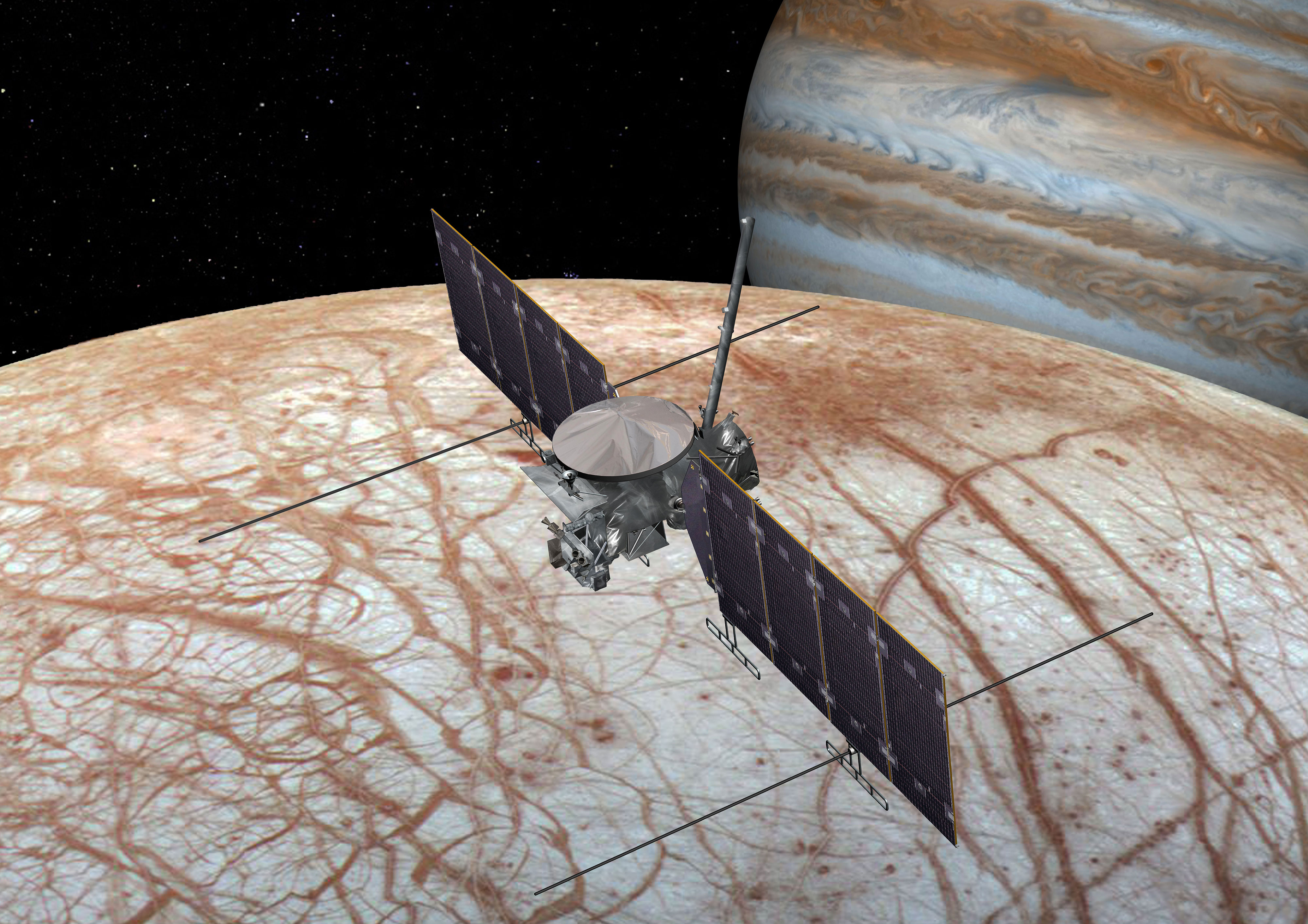 This artist’s rendering shows NASA’s Europa mission spacecraft, which is being developed for a launch sometime in the 2020s. Credit: NASA/JPL-Caltech