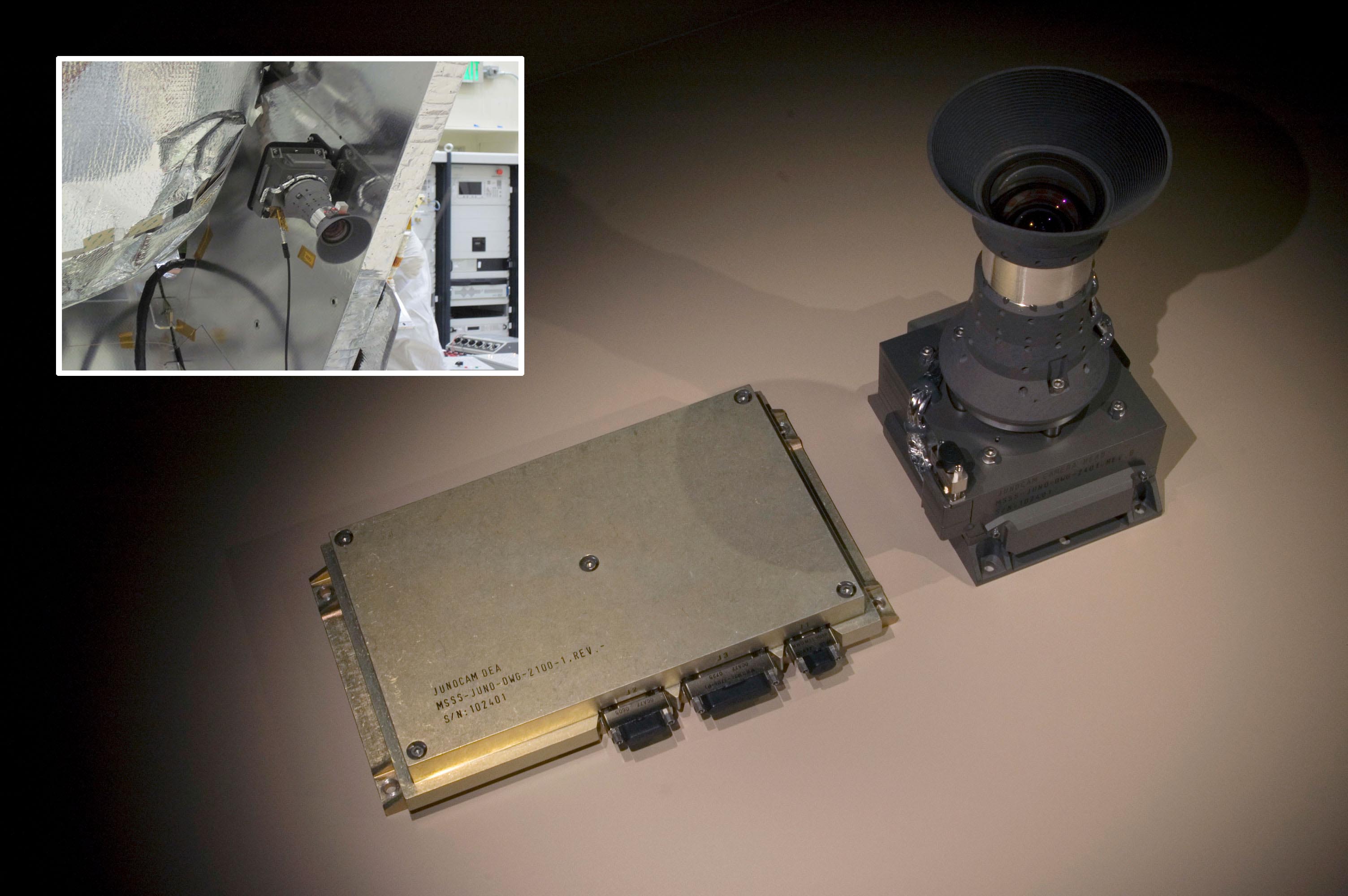 The JunoCam consists of a camera head and an electronics box, which is housed inside the spacecraft’s protective radiation vault). In the inset image, JunoCam is shown mounted on the orbiter. Credits: NASA / JPL-Caltech