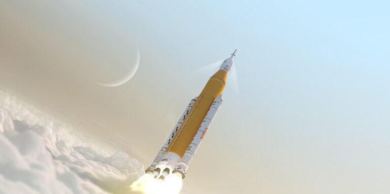 illustration of SLS rocket soaring above clouds