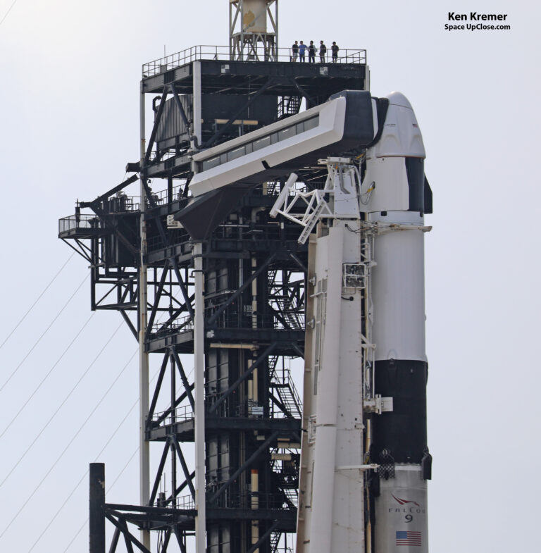 The SpaceX Falcon 9 rocket and Crew Dragon capsule stand vertically atop Launch Complex 39A at NASAs Kennedy Space Center in Florida ahead of an aborted launch attempt of the Axiom 4 commercial crew mission to the International Space Station. Credit: Ken Kremer